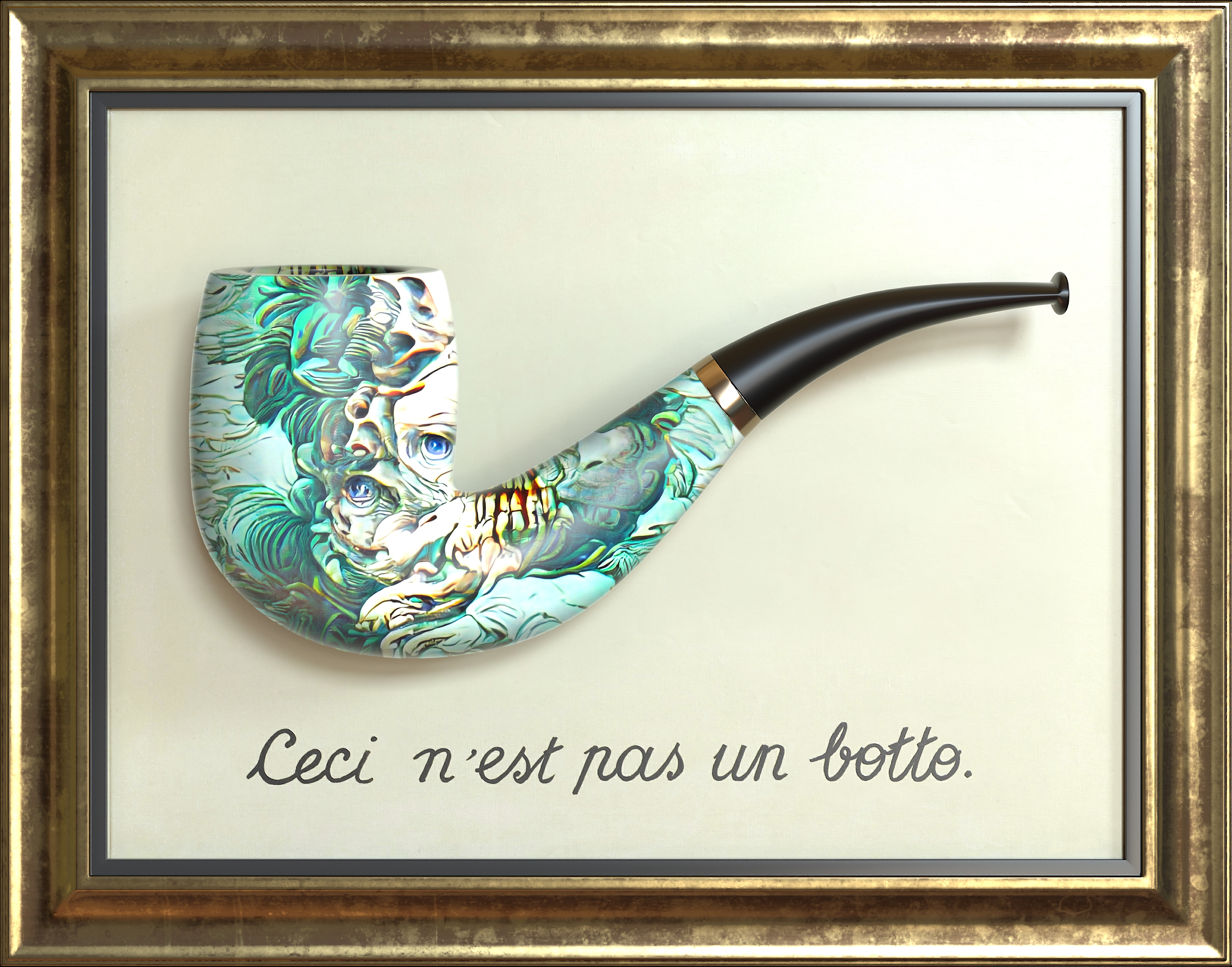 Ceci n'est pas un Botto Pipe #13 with Blossoming Cadaver imagery on a pipe in a gilt frame.